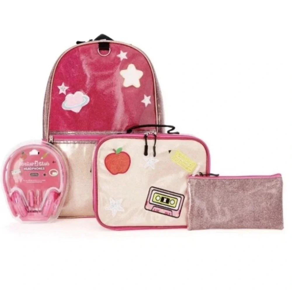 Locker Club Pink Glitter Backpack Lunch Box Pencil Case Headphones 4pc Set